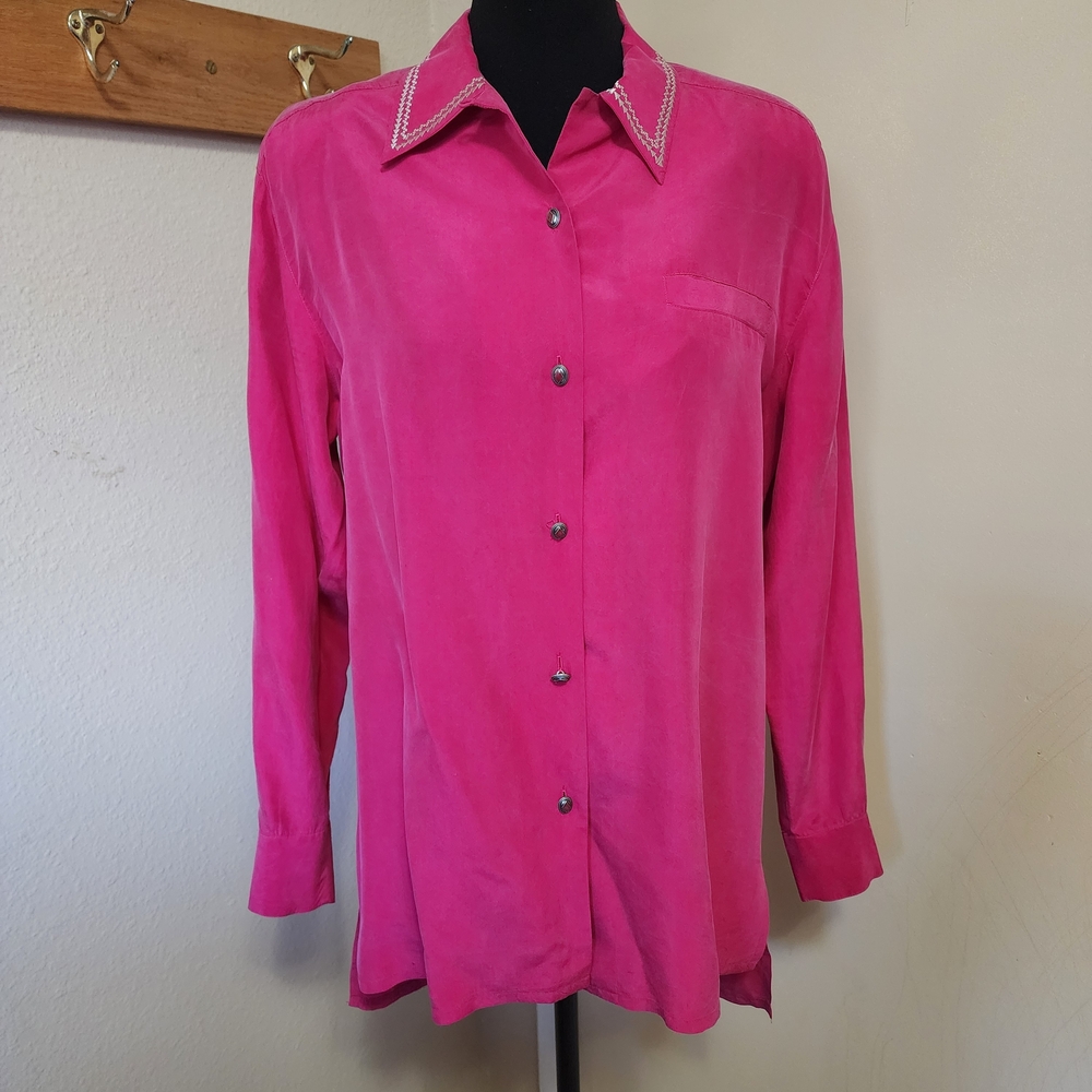 Vintage Nordstrom 100% Silk Hot Pink Button Up Shirt with Shoulder Pads